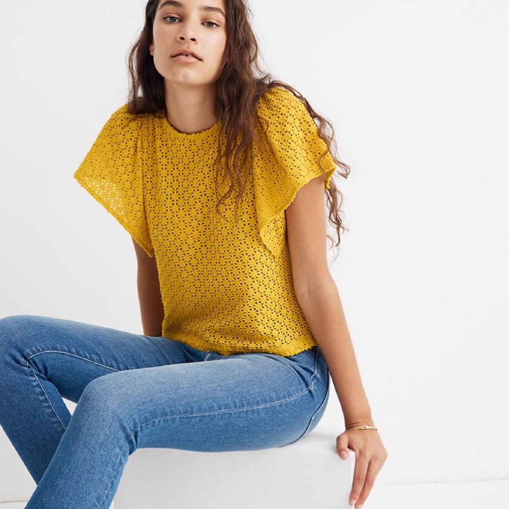 Madewell Yellow Eyelet Flutter Sleeve Top